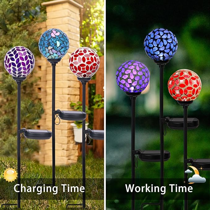 VCUTEKA Solar Garden Decorative Lights Outdoor, Mosaic Solar Light Waterproof LED Pathway Stake Light for Landscape Patio Yard Deck Walkway Decoration, 3 Pack （Blue&Purple&Red）-Ruum Studio Home