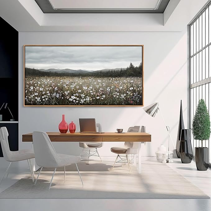HGUAOA Vintage Landscape Wall Art for Bedroom and Living Room - Large Floral Artworks Farmhouse Wall Decor - Framed Neutral Nature Pictures - Above Bed Wall Decor with Mountain Scenery 29×58IN-Ruum Studio Home