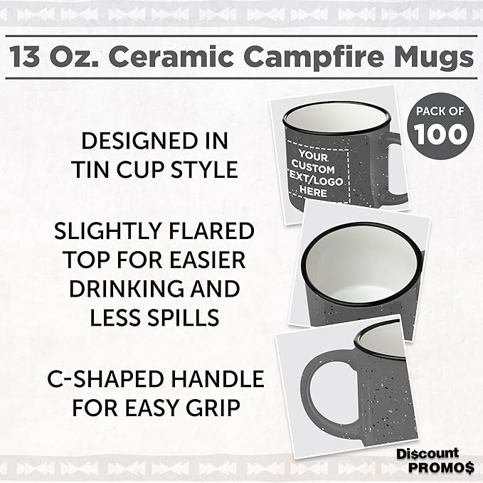 DISCOUNT PROMOS Custom Ceramic Campfire Coffee Mugs 13 oz. Set of 100, Personalized Bulk Pack - Perfect for Tea, Espresso, Cappuccino, Hot Cocoa - Grey-Ruum Studio Home