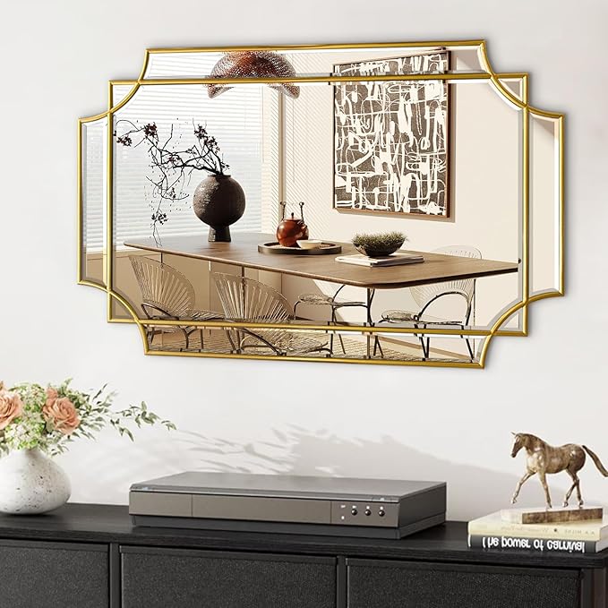 Gold Mirror for Wall, 36x24 Gold Wood Framed, Scalloped Beveled Polished Rectangle Mirror, Large Decorative Mirrors for Wall Decor, Irregular Mirror for Living Room, Bathroom Vanity, Entryway-Ruum Studio Home