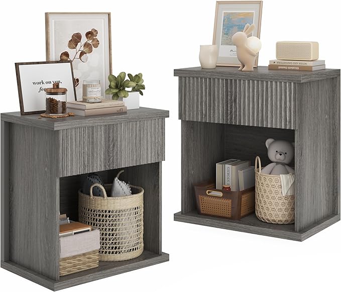 Fluted Nightstand Set of 2, 22.8" Wide Nightstands with Drawer Storage Large Wood BedsideTable Night Stands for Bedroom, Grey Oak-Ruum Studio Home