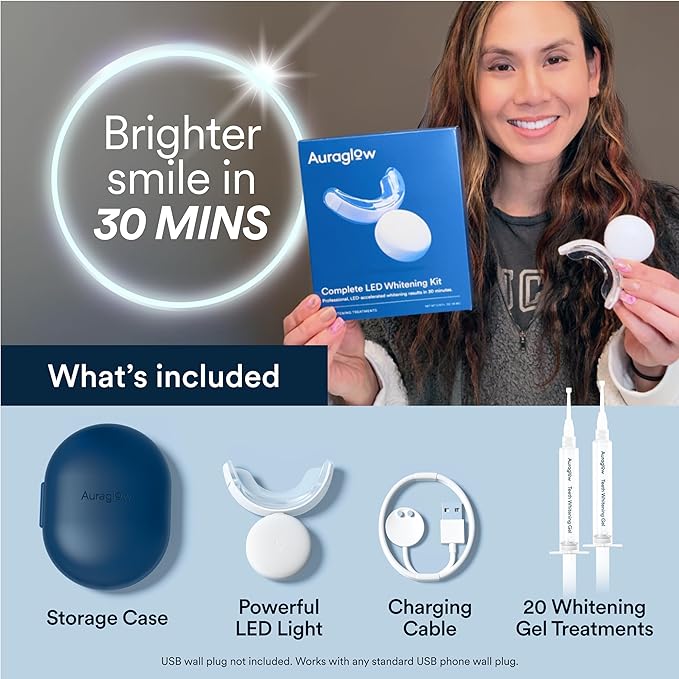 Auraglow Teeth Whitening Kit, LED Accelerator Light, 35% Carbamide Peroxide Teeth Whitening Gel, 20+ Whitening Treatments, Whitens up to 10 Shades in 7 Days-Ruum Studio Home