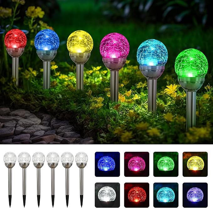 SOLPEX Solar Garden Lights Outdoor, 6 Pack Multi-Color Changing&White 2 Modes Solar Powered Glass Ball Garden Lights, Waterproof for Patio Decoration-Ruum Studio Home
