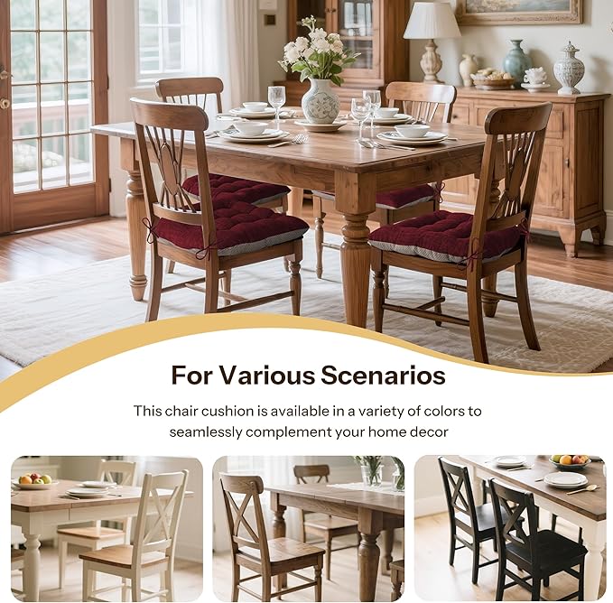 Non Slip Chair Cushions for Dining Chairs Set of 4 Kitchen Chair Cushions 18"x18"x3" Turfted Chair Pads Comfortable and Soft Seat Cushion with Ties, Burgundy-Ruum Studio Home