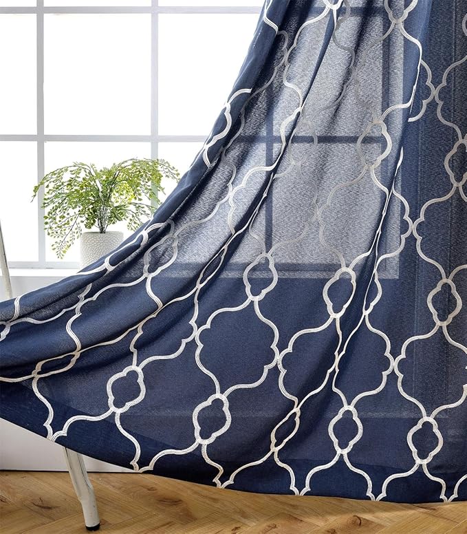 MIUCO Moroccan Embroidery Semi Sheer Curtains Faux Linen Grommet Window Curtains for Living Room 52 x 63 Inch 2 Panels, Navy Blue-Ruum Studio Home