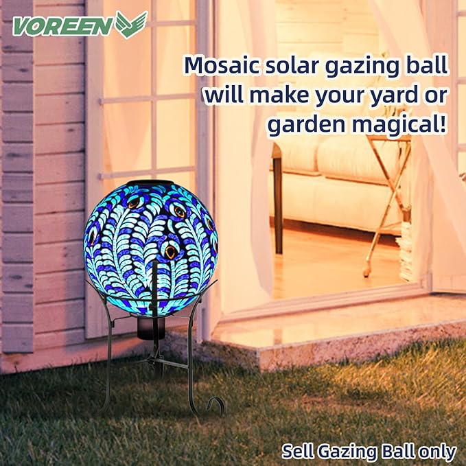 VOREEN Solar Gazing Ball, 10" Mosaic Glass Gazing Globe with Solar Light, Handmade Outdoor Yard Decor Sphere for Patio Lawn Garden, Gift for Mom Wife Friend, Peacock Feather Design (Blue)-Ruum Studio Home