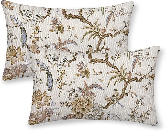 Spring Floral Birds Pillow Covers 12 x 20 Inch Set of 2 for Chinoiserie Flowers Decor Throw Pillows Brown and White Plant Outdoor Decorative Cushion Cases for Couch Bed Decorations-Ruum Studio Home