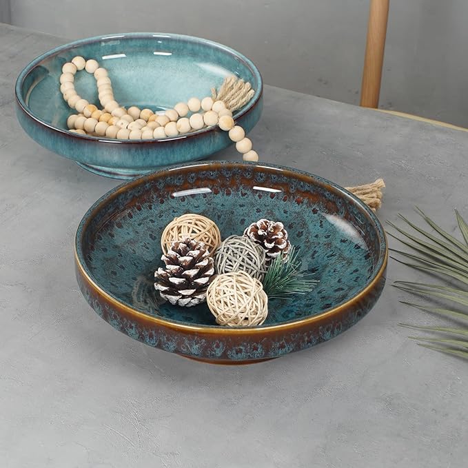 Ceramic Fruit Bowl for Kitchen Counter,Decorative Pedestal Bowl for Table Countertop,Large Footed Serving Bowl,10.2 Inch (peacock Green)-Ruum Studio Home