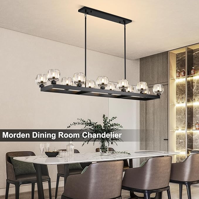 59 Inch Black Rectangle Wagon Wheel Chandeliers, Black Chandelier for Dining Room Over Table, Modern Crystal Long Chandelier, Farmhouse Large Linear Chandeliers for Kitchen Island-Ruum Studio Home