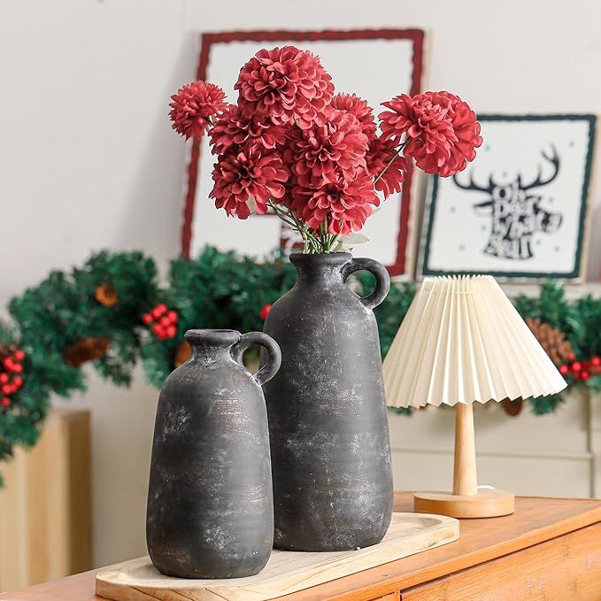 Ceramic Rustic Farmhouse Vase, 12.8" Large Rustic Black Pottery Vases Home Decor Decorative Boho Pampas Vase for Home Decor Table Living Room Decoration Shelf Mantel Enryway Kitchen-Ruum Studio Home