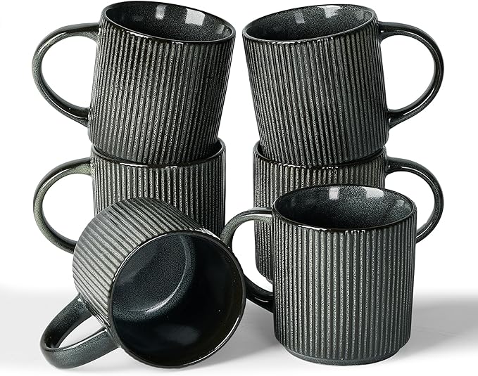 famiware Coffee Mug Set for 6, Star 12 oz Catering Mugs Cup Set with Handle for Coffee, Tea, Cocoa, Milk - Ceramic Stoneware Drinkware Set, Deep Forest-Ruum Studio Home
