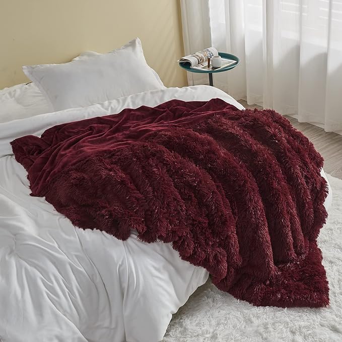 GONAAP Fuzzy Faux Fur Throw Blanket Twin Size Wine Red Super Soft Cozy Plush Fuzzy Shaggy Blanket for Couch Sofa Bed (Wine Red, Twin(60"x80"))-Ruum Studio Home