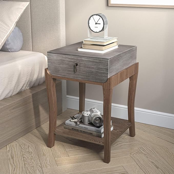COSIEST Rustic Nightstand, 2-Tier Farmhouse Bedside Table, Wood Accent End Table with Storage Drawer and Open Display Shelf for Bedroom Nursery Living Room (Black & Silver)-Ruum Studio Home