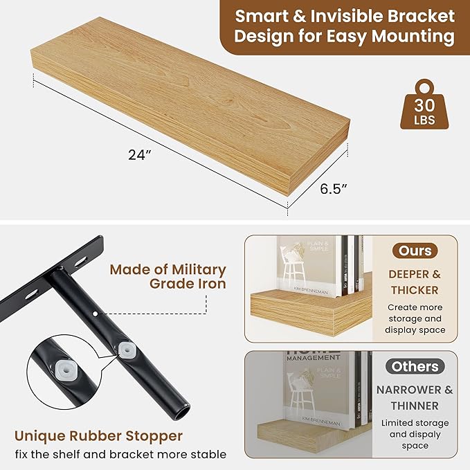 fuqing Floating Shelves for Wall, Bathroom Shelf Wall Mounted for Storage, Shelves with Invisible Bracket for Bedroom, Kitchen, Living Room, Farmhouse Small Book Shelf, 24 Inch Set of 2, Oak-Ruum Studio Home