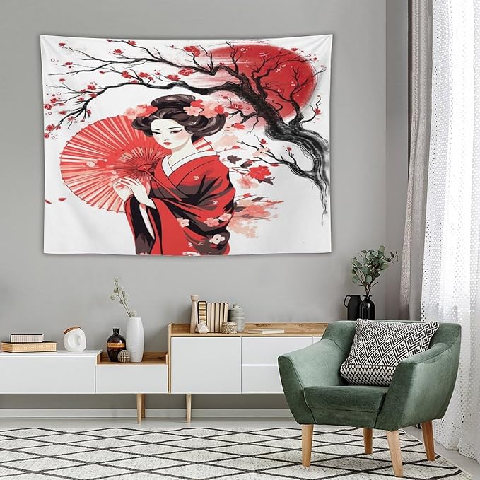 Japanese Red Geisha Tapestry Asian Cherry Blossom Traditional Kimono Folk Tapestries Home Decor for Living Room Bedroom Apartment Farmhouse Dorm 80"x60"-Ruum Studio Home
