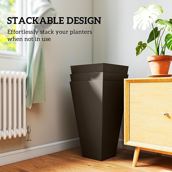 Outsunny Tall Planters for Outdoor Plants Set of 3, 28 in Taper Planters with Drainage Holes, Indoor Grande Plant Pots, Front Porch Decor, Brown-Ruum Studio Home