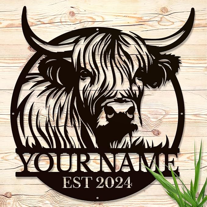 Personalized Highland Cow Name metal Signs,Custom Highland Cow Metal Shed Wall Decor,Black Metal Wall Art Plaques Outdoor wall Decorative Signage (Style F)-Ruum Studio Home