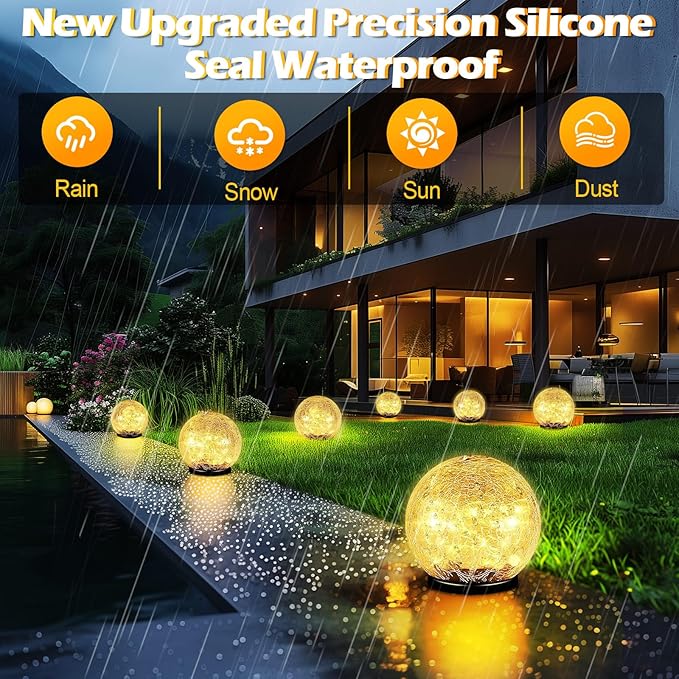 Garden Solar Ball Lights Outdoor Waterproof, 80 LED Cracked Glass Globe Solar Power Ground Lights for Path Yard Patio Lawn, Christmas Decoration Landscape Warm White(2 Pack 5.9'')-Ruum Studio Home