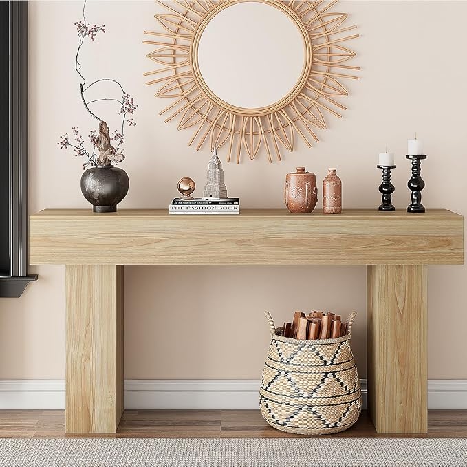 63 Inch Long Console Table for Entryway, Farmhouse Wood Rectangular Sofa Table Behind Couch Table, Narrow Entryway Table for Living Room, Entrance, Hallway, Foyer, Easy Assembly (Natural)-Ruum Studio Home