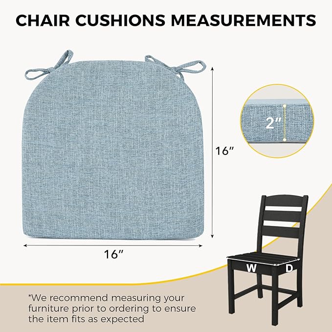 downluxe Indoor Chair Cushions for Dining Chairs, Soft and Comfortable Textured Foam Kitchen Chair Pads with Ties and Non-Slip Backing, 16" x 16" x 2", Light Blue, 2 Pack-Ruum Studio Home
