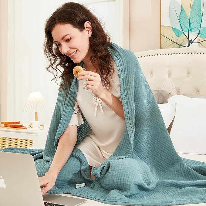 EMME Cotton Blanket Twin XL for Bed Soft Muslin Blankets 66"x90" Lightweight Breathable Layering Bedspread Coverlet All Season Gauze, Teal-Ruum Studio Home