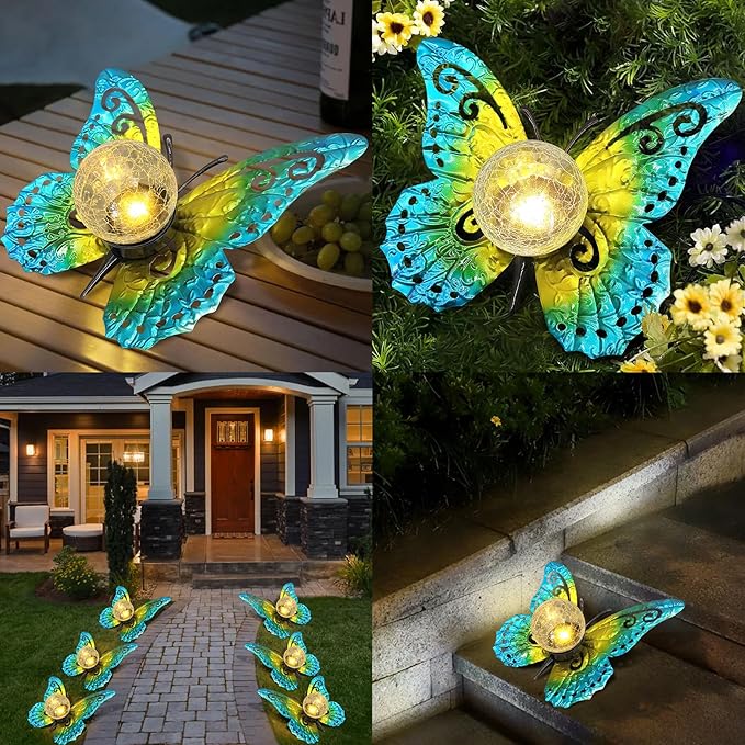 Solar Lights Outdoor Garden Butterfly Decor, Metal Butterfly Statue Decoration with LED Crackle Glass Globe, Solar Powered Lighted Garden Art Decor for Patio Lawn Yard Pathway Tabletop Ground-Ruum Studio Home
