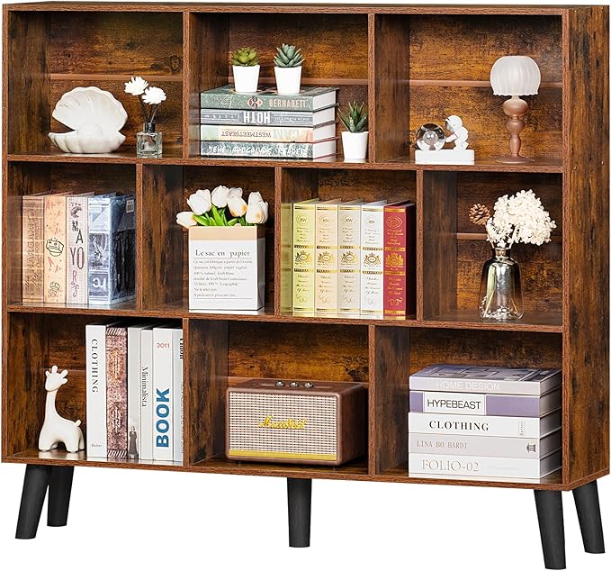 LEYAOYAO 10 Cube Bookshelf,3 Tier Modern Wide Bookcase with Legs,Mid-Century Wood Bookshelves Storage，Brown Large Book Case,Freestanding Organizer Display Shelf for Bedroom,Living Room,Office-Ruum Studio Home