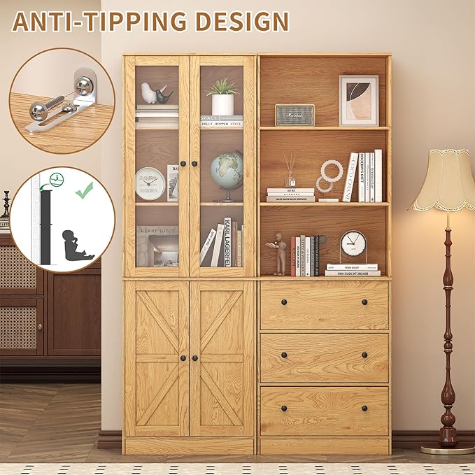 71" Tall Bookshelves Set of 2, Bookcase with Drawers & Bookshelf with Doors, Wooden Bookshelves Floor Standing Display Storage Shelves Home Decor Furniture for Home Office, Living Room,Natural-Ruum Studio Home