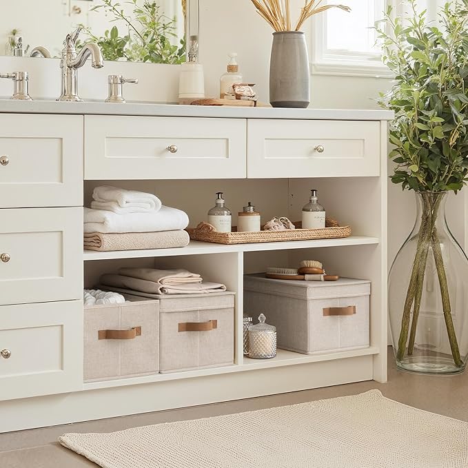 StorageWorks Large Storage Bins with Lids, Decorative Storage Boxes with Lid and PU Handles, Foldable Storage Baskets for Closet, Shelves, Stackable, Brown and Beige, 3-Pack-Ruum Studio Home