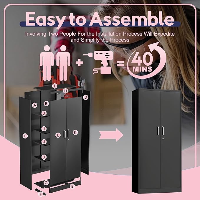 71" Garage Storage Cabinets with Lock, Cabinets with Doors and Shelves, Kitchen Pantry Cabinet, Metal Cabinet for Office, Garage, Shop, School, Assemble Required, Black-Ruum Studio Home