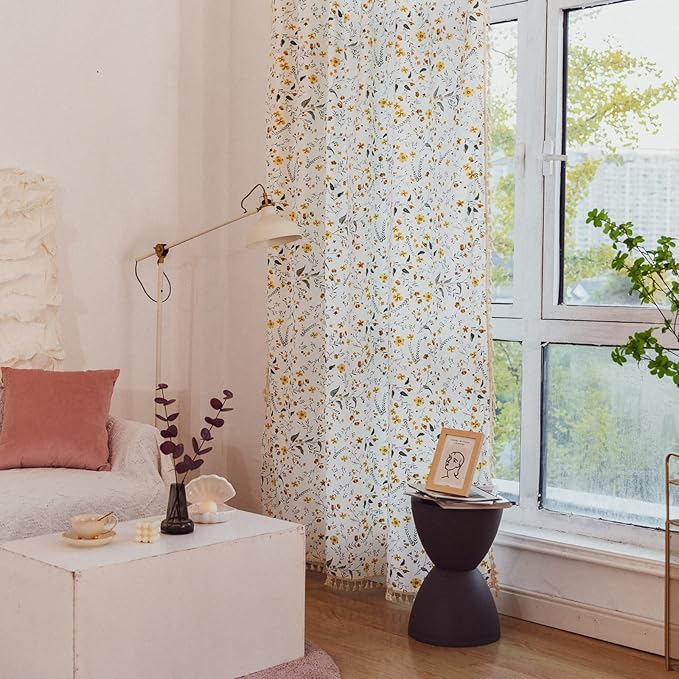 Sutuo Home Boho Curtain Semi-Blackout Yellow Florals Print Cotton Linen Fabric, Handmade Tassels Rod Pocket Bohemian Farmhouse Country Window Drapes for Living Bedroom, 59" W x 84" L, 1 Panel-Ruum Studio Home