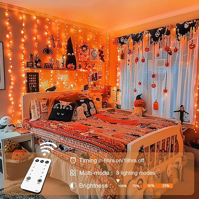 JMEXSUSS 300LED Orange Halloween Lights with Remote, 9.8x9.8ft Halloween Curtain Light, 8 Modes Orange Hanging String Lights Plug in for Fall Bedroom Thanksgiving Window Party Indoor Outdoor Decor-Ruum Studio Home