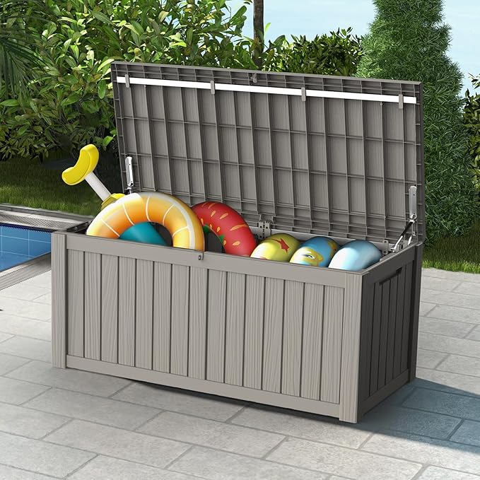 Mars Villa 119 Gallon Outdoor Storage Box Waterproof, Large Resin Deck Box for Pool Supplies Storage, Outdoor Patio Furniture Cushions, with Hydraulic Hinge, UV-Resistant and Weatherproof, Greige-Ruum Studio Home