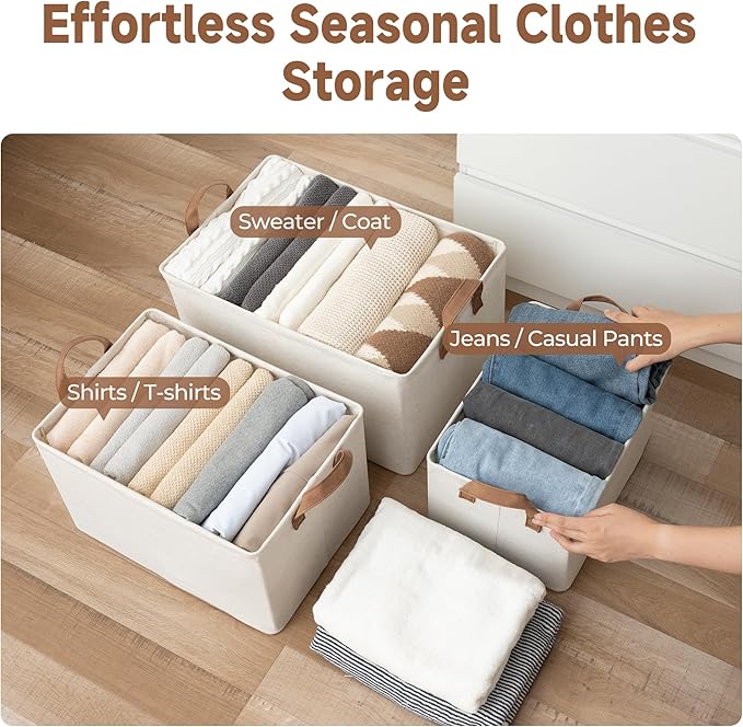 StorageWorks Storage Bins, Shelves Baskets for Organizing, 45L Extra Large Fabric Closet Organizers with Handles, Metal Frame, Beige（Cotton-linen）, 2-Pack-Ruum Studio Home