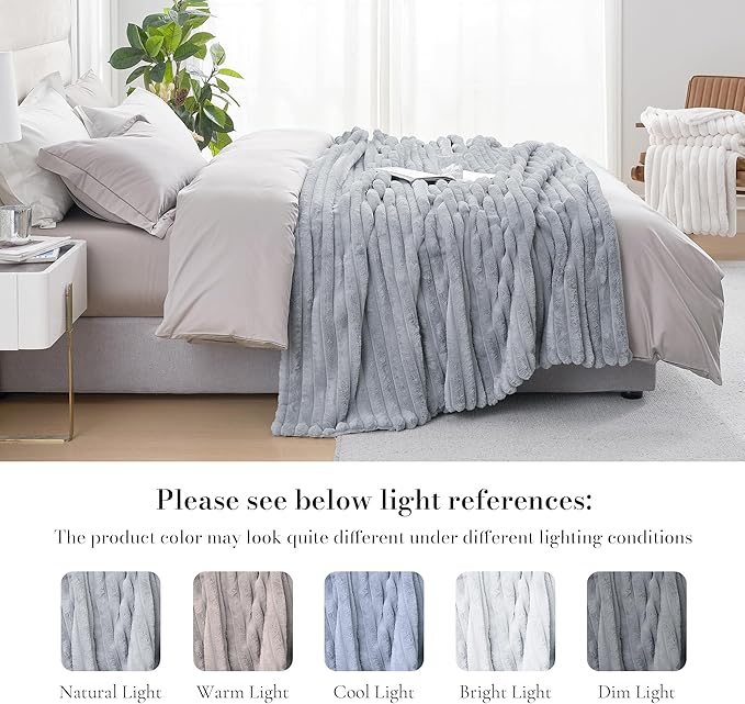 Amélie Home Faux Fur Throw Blanket for Couch, Cozy Fuzzy Fluffy Fur Luxurious Soft Striped Plush Gift Blankets for Family Sofa Chair Bed Living Room Bedroom, 55"x70", Light Grey-Ruum Studio Home