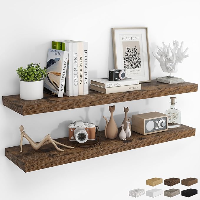 RICHFOCUS 48Inch Floating Shelves for Wall 2 Pack Shelves for Bedroom|Kitchen|Bathroom Wall Mounted Rustic Wood Floating Shelf with Invisible Brackets for Books|Storage|Decor, Rustic Brown-Ruum Studio Home