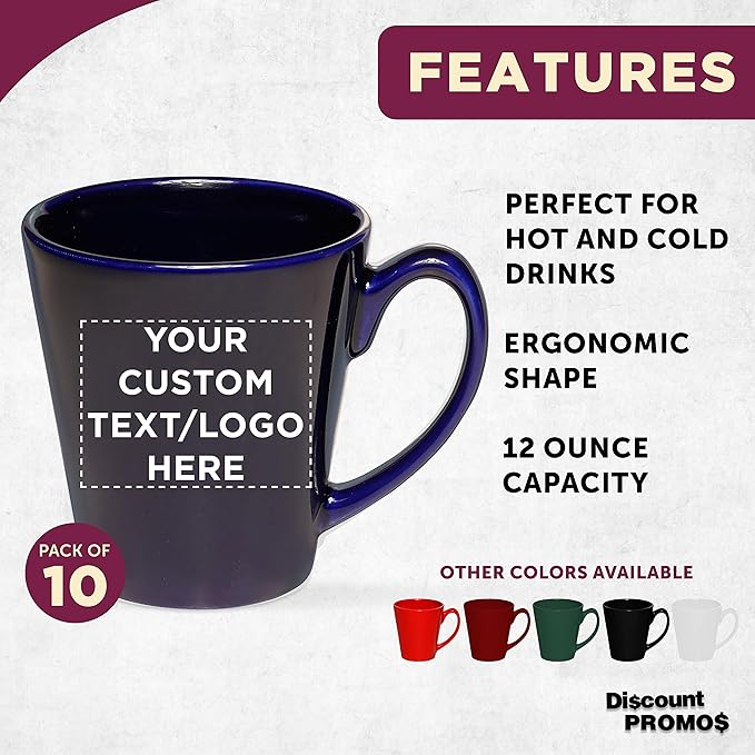 DISCOUNT PROMOS Custom Glossy Ceramic Latte Coffee Mug 12 oz. Set of 10, Personalized Bulk Pack - Perfect for Tea, Espresso, Cappuccino, Hot Cocoa - Blue-Ruum Studio Home