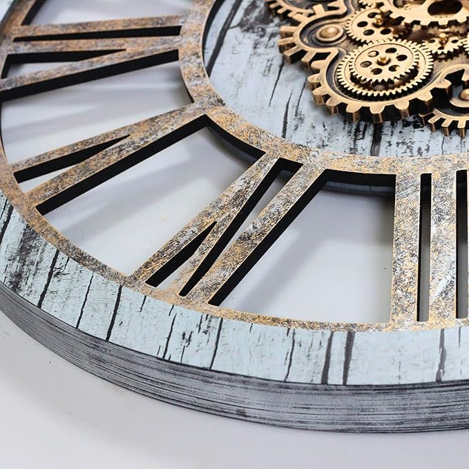 The Gears Clock 36'' Inch Real Moving Gear Wall Clock Vintage Industrial Oversized Rustic Farmhouse (Vintage Grey and White)-Ruum Studio Home