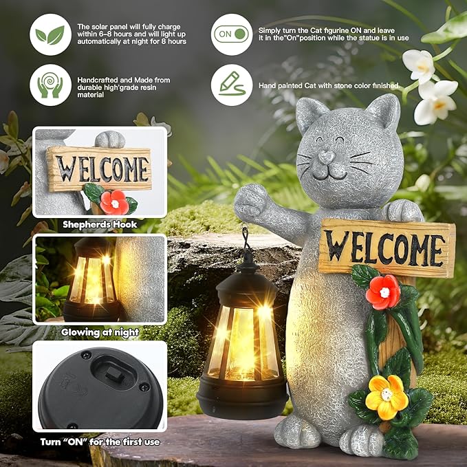 Json Garden Statue Solar Cat Figurine with Lantern, Solar Garden Decorations Statues for Patio, Balcony, Yard Ornament, Unique House Warming Gifts Figurine Lights, Gifts for Women, Mom-Ruum Studio Home