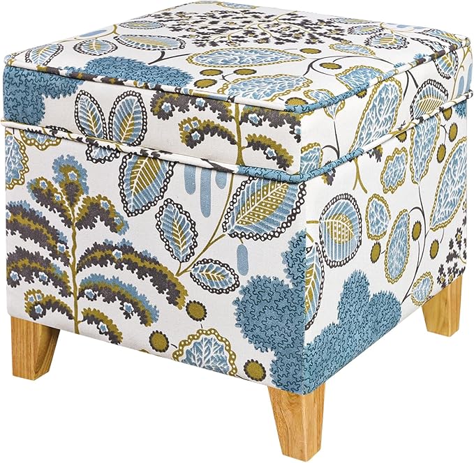 Adeco 18 Inch High Cube Ottoman Storage, Linen Chair Foot Stools, Upholstered Vanity Stool with Hinged Lid, Solid Wood Legs (Blue Leaves)-Ruum Studio Home