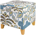 Adeco 18 Inch High Cube Ottoman Storage, Linen Chair Foot Stools, Upholstered Vanity Stool with Hinged Lid, Solid Wood Legs (Blue Leaves)-Ruum Studio Home