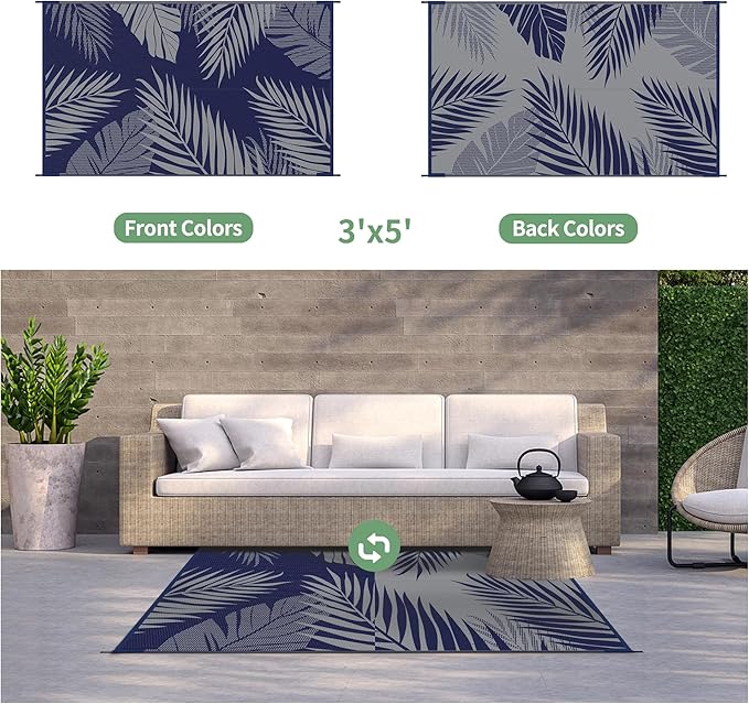 GENIMO Outdoor Rug 3' x 5' Waterproof for Patios Clearance, Reversible Outdoor Plastic Straw Camping Rug Carpet, Large Area Rugs Mats for RV, Camper, Deck, Balcony, Porch, Beach, Picnic Navy Blue&Grey-Ruum Studio Home