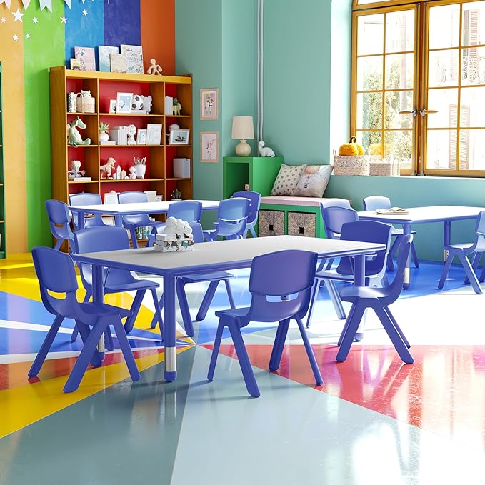 EMMA + OLIVER 23.625" W x 47.25" L Blue Plastic Activity Table Set-6 Chairs-Ruum Studio Home