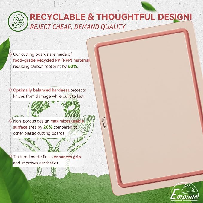 Empune Plastic Cutting Board Set, Recycled Plastic Cutting Boards for Kitchen (Set of 3), Dishwasher Safe Large Chopping Board with Holder, Non-slip Feet and Juice Grooves, Nonporous, Pink-Ruum Studio Home
