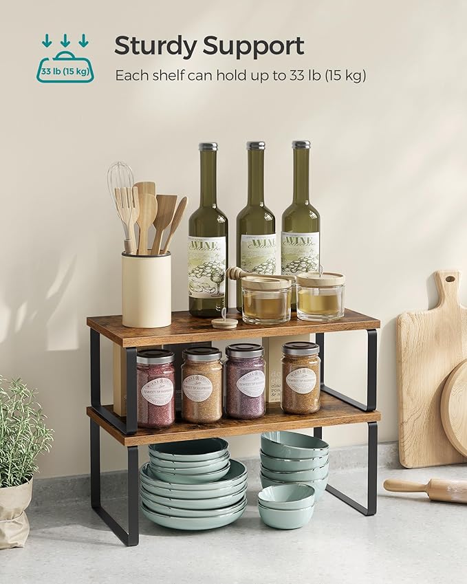 SONGMICS Cabinet Organizer Shelf, Set of 2 Kitchen Counter Shelves, Kitchen Storage, Spice Rack, Stackable, Expandable, Metal and Engineered Wood, Ink Black and Rustic Brown UKCS200X01-Ruum Studio Home