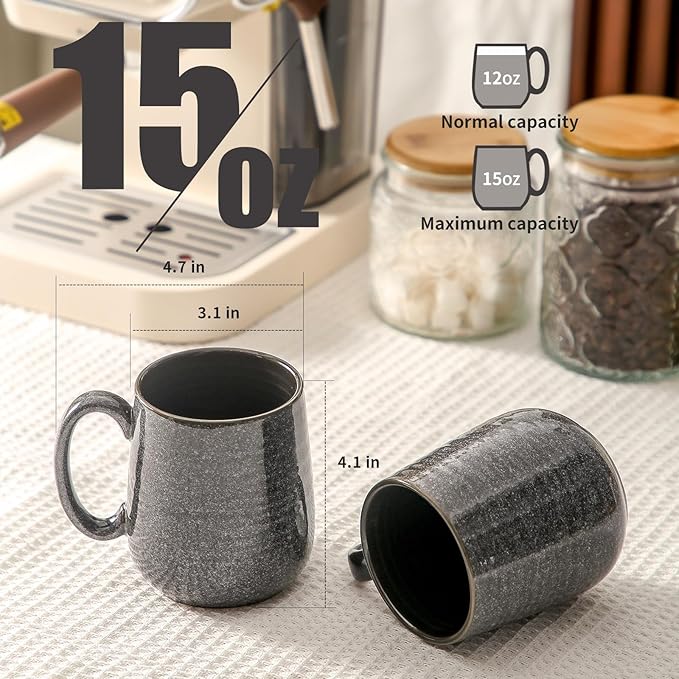 Hasense Ceramic Coffee Mugs - 15 OZ Large Coffee Cups Set of 6 with Handle for Hot Beverages, Porcelain Latte Mugs for Tea, Milk, Cocoa, Cappuccino and Mocha, Microwave and Dishwasher Safe, Grey-Ruum Studio Home