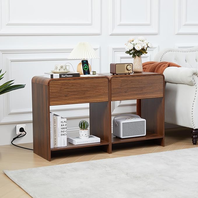 Fluted Nightstand Set of 2 with Charging Station, Modern Bed Side Table End Table with Drawer Storage, Large Wooden Night Stands Bedside for Bedroom Living Room Sofa Office, Walnut 2 Sets-Ruum Studio Home