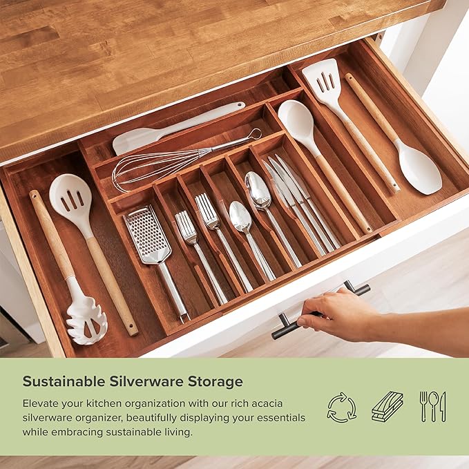 Premium Silverware, Flatware and Utensil Organizer for Kitchen Drawers, Food-Safe Contract Grade, Expandable from 18 to 33 In, Natural Acacia-Ruum Studio Home