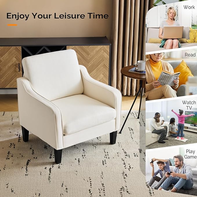 VINGLI Mid Century Modern Accent Chair, Beige Fabric Accent Chairs for Living Room Upholstered Armchair Sofa with Scooped Arms for Bedroom, Apartment, Studio, Office, Waiting Room-Ruum Studio Home