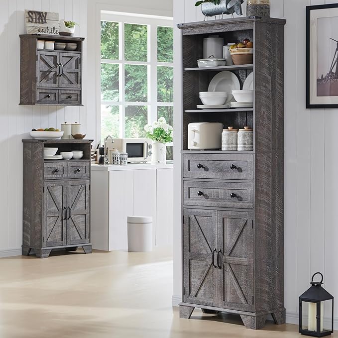 Bathroom Storage Cabinet, 72" Tall Farmhouse Storage Cabinet with 2 Drawers, Adjustable Shelves & Barn Door, Cabinet for Bathroom, Living Room, Kitchen, Grey Wash-Ruum Studio Home